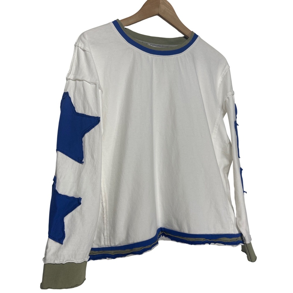 Deconstructed Star Patch Long‎ Sleeve Top White Blue Olive Size Medium